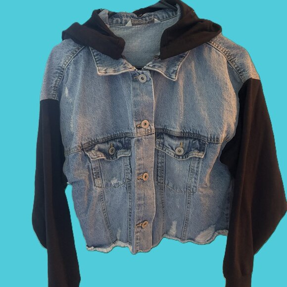 Blue Jean "Highway" Distressed Jacket- Black Jersey Sleeves Removeable Hood NWOT - Picture 2 of 9